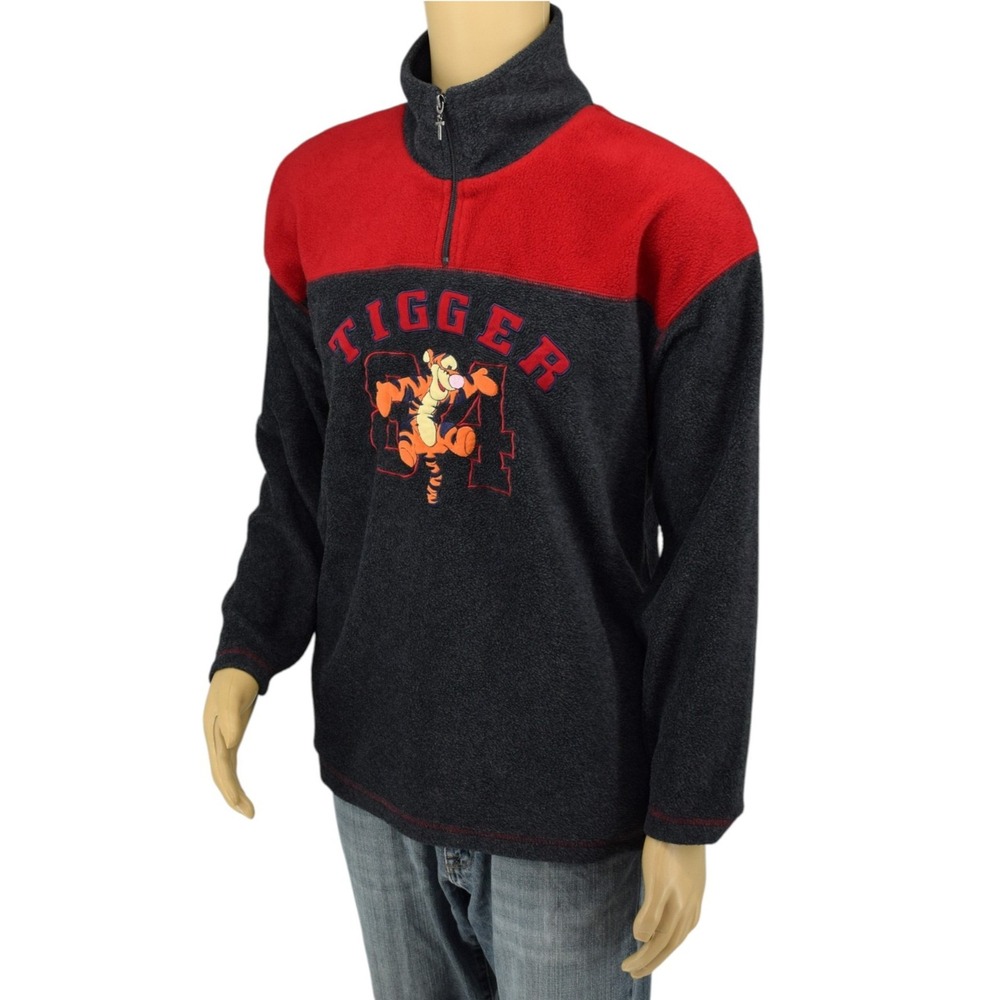 Disney Pooh Tigger Fleece Pullover Quarter Zip Red Grey Colorblock Large AT1497